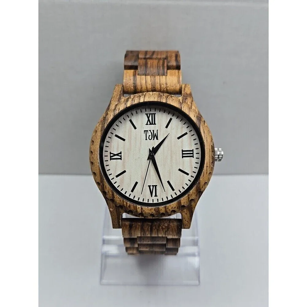 TJW Zebrawood Quartz Watch Roman Numeral Wooden Case 45mm New Battery Analog